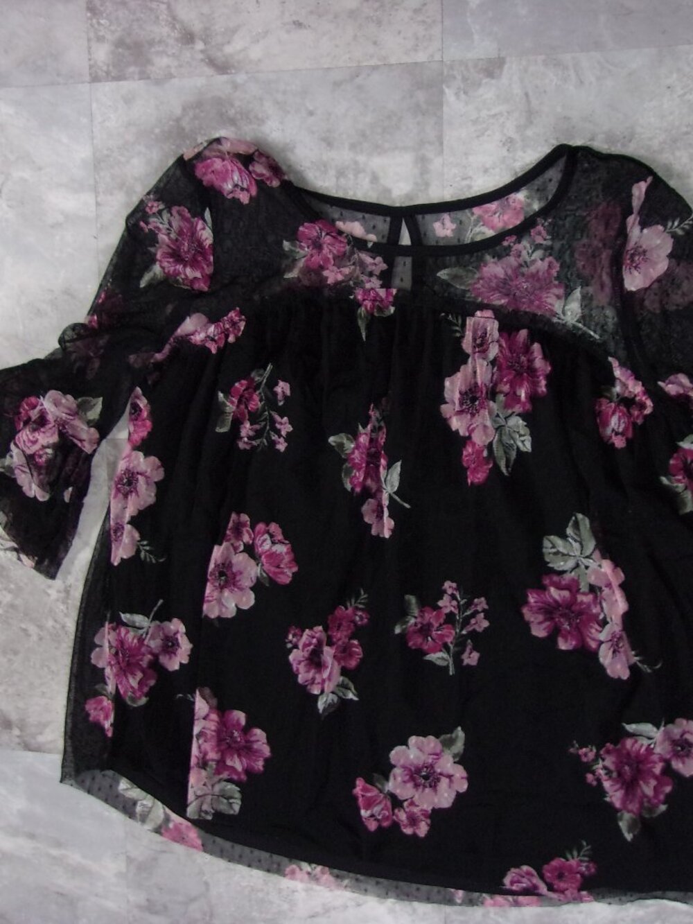 size extra large black shirt womens blouse casual dress floral pink sheer sleeve - Picture 2 of 4